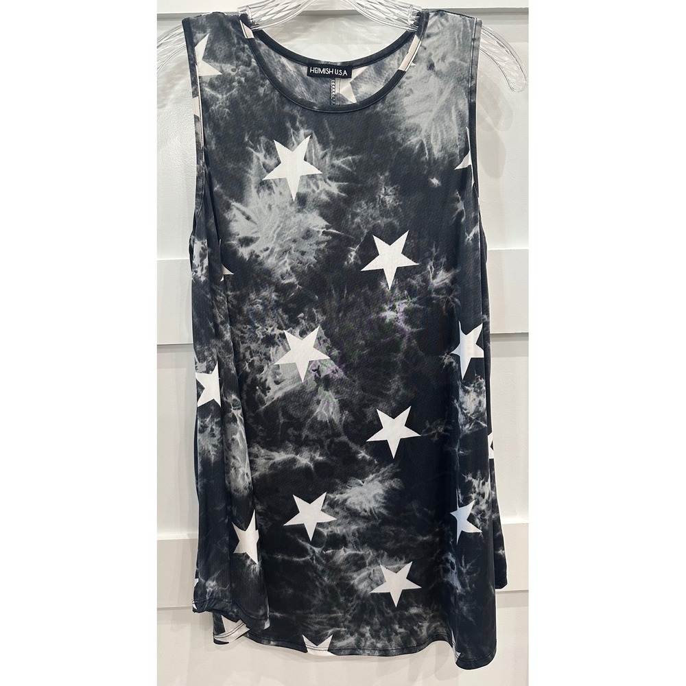 Heimish USA Womens Star Print Tie Dye Tank Top Black Grey Sleeveless Tunic L